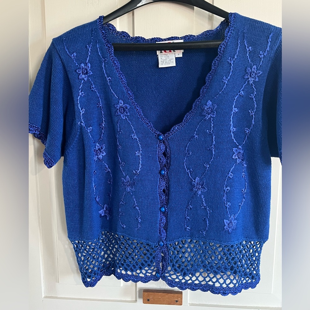 Vintage Blue Crochet Trim Short-Sleeve Cardigan